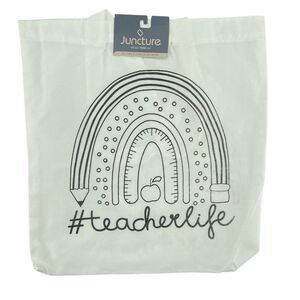 #TeacherLife White Canvas Tote Bag Rainbow Pencil & Ruler Apple NWT 14x15.75in